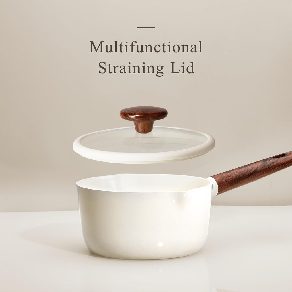 CAROTE 2QT & 3QT Sauce Pan Sets with Lid & Ladle Ceramic Nonstick Pot Set Non Toxic Saucepan Small Kitchen Cooking Pots, Easy to Clean, Induction Comptable, PFAS PTFE Free, White