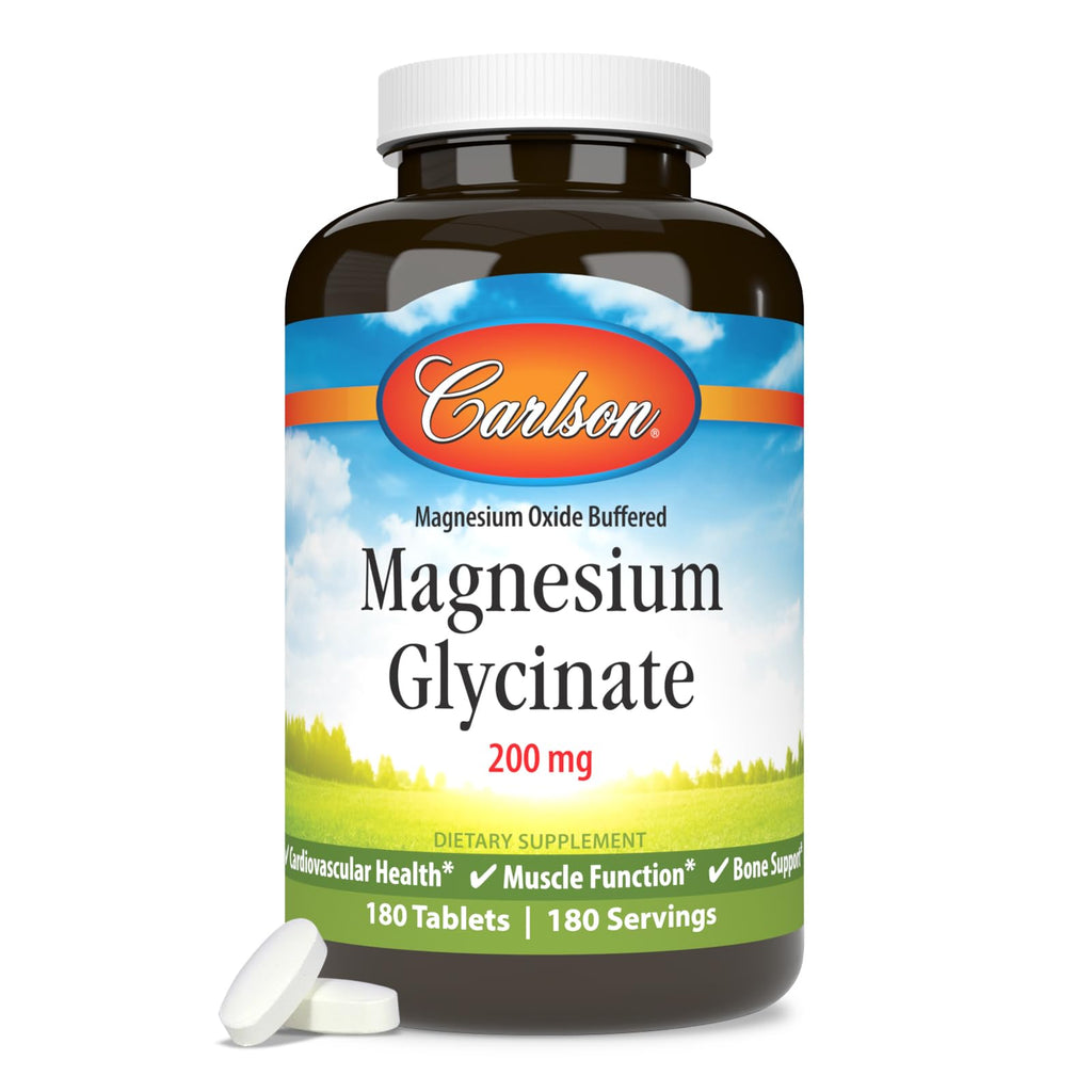 Carlson Chelated Magnesium Glycinate, 200 mg, Muscle Function, 180 Tablets