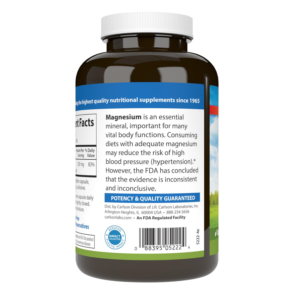 Carlson Magnesium, 350 mg, Circulation Support, Nerve Health, 180 Capsules