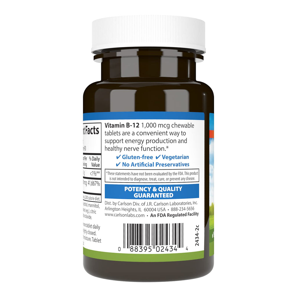 Carlson Chewable B-12, 1000 mcg, Vitamin B12, Lemon, 90 Chewable Tablets