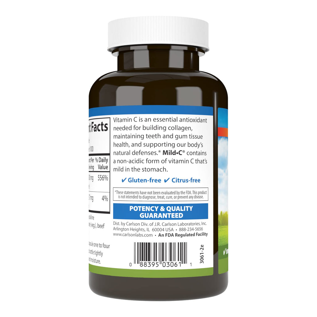 Carlson Mild-C, 500 mg, Buffered Vitamin C, Gentle on Teeth, 100 Capsules
