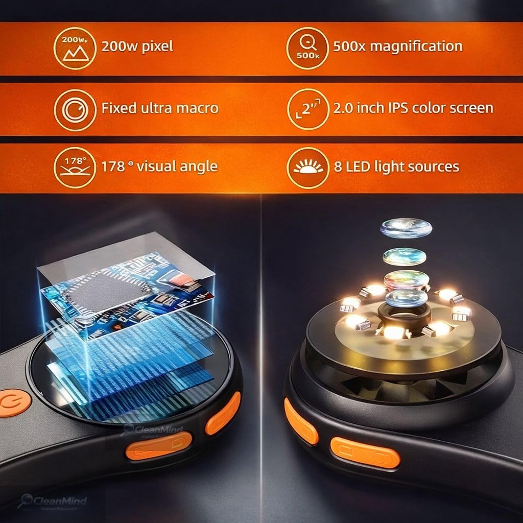 Digital Microscope 500x with 2.0" IPS Screen, Magnifying Glass, Coin Microscope, Trichome Microscope, USB Connection, Ideal for Electronics, Jewelry, Coin Collectors and Kids
