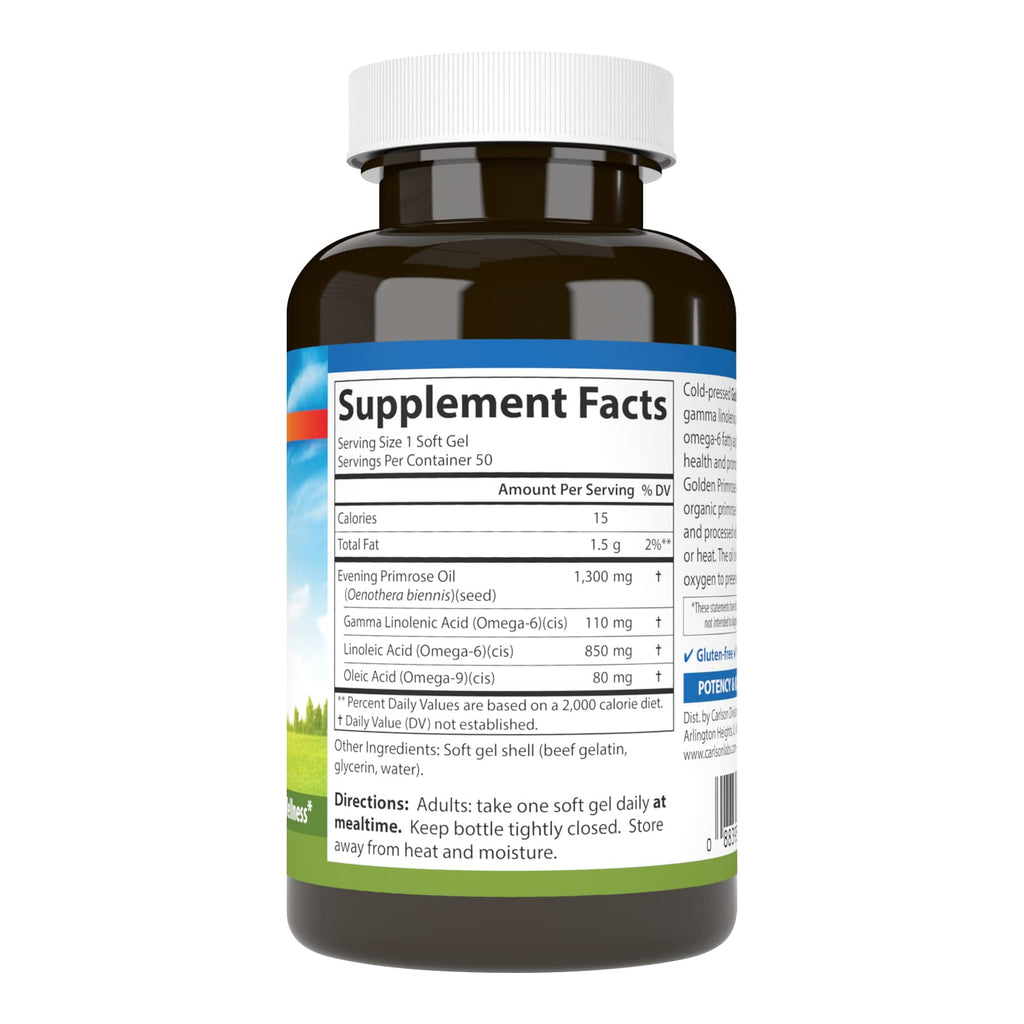 Carlson - Golden Primrose, 1300 mg Evening Primrose Oil, Cold-Pressed, Healthy Skin, Women's Health & Optimal Wellness, 50 Softgels