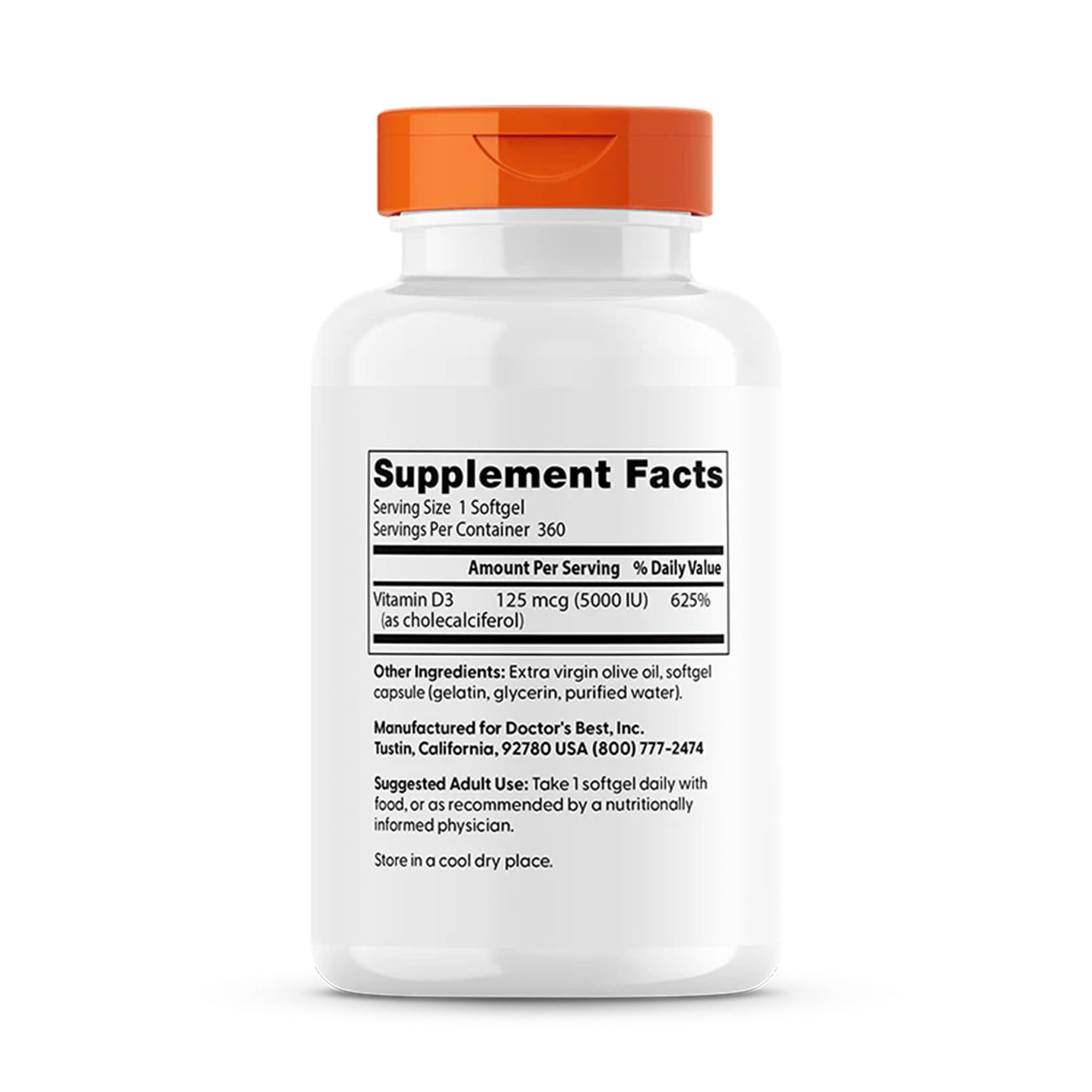 Doctor's Best Vitamin D3 5000 IU Softgels for Men & Women - Vitamin D Supplement for Immune System & Heart Health Support, 125 mcg per Serving, Vit D 3, Gluten Free, Soy Free - 360 Softgels (2 Pack)