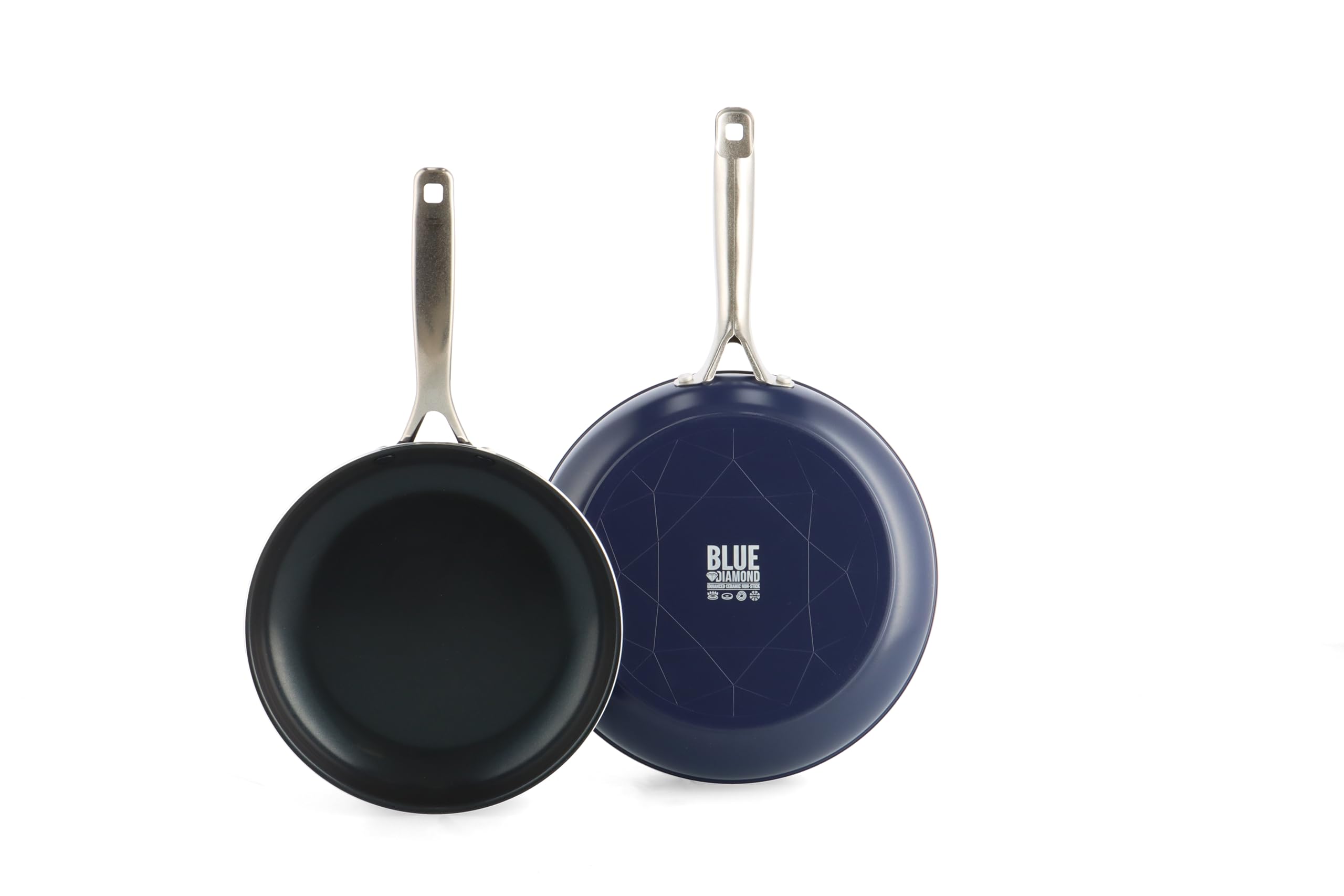 Blue Diamond 2 Piece Nonstick Frying Pan Set, 9.5” & 11" Skillets, PFAS-Free Ceramic, Dishwasher & Oven Safe, Stainless Steel Handle, Durable Metal Utensil Safe, Egg & Omelet Pans, Blue