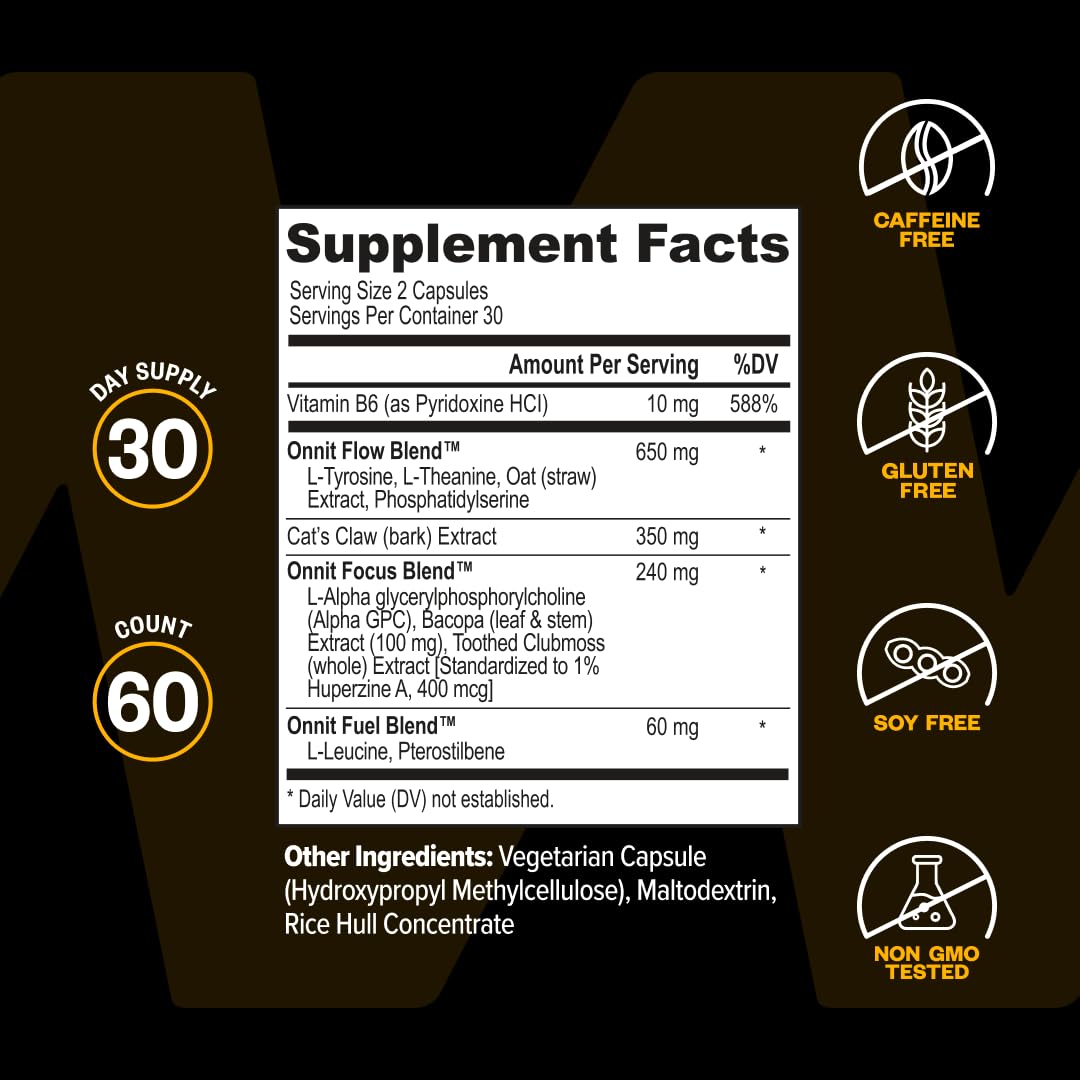 ONNIT Alpha Brain Nootropic Brain Supplement for Focus, Memory, Mental Clarity, Cognitive Support with L-Theanine and Vitamin B6, 60 Count Capsules