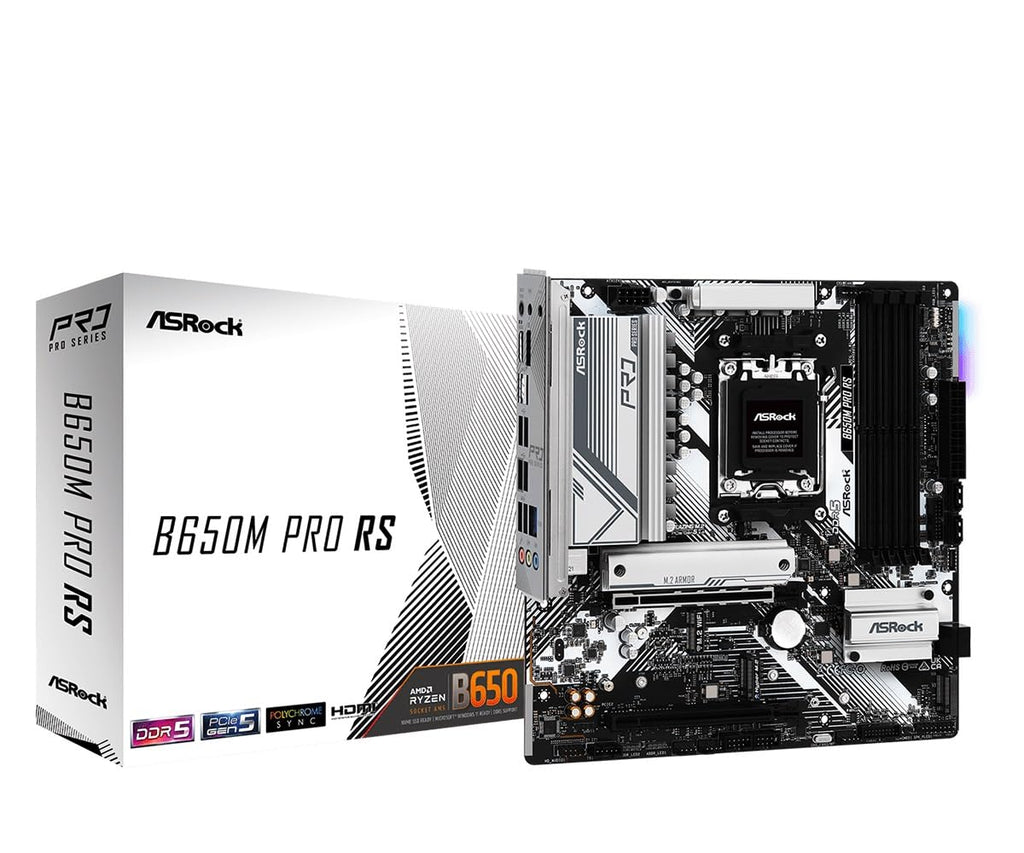 Asrock B650M Pro RS AMD Socket AM5 Ryzen 7000/8000/9000 Series DDR5 7200+ (OC) MHz 256GB M.2 Key E for WiFi SATA3 6.0 Gb/s Micro ATX Motherboard 2.5G LAN BIOS Flashback