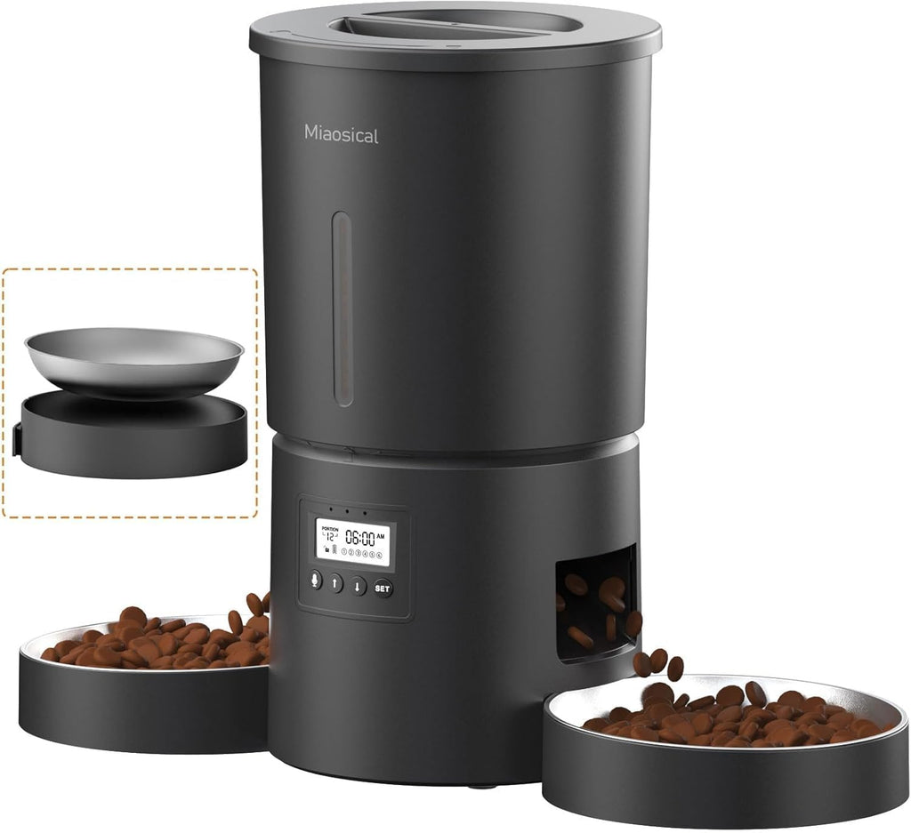 Dual Automatic Cat Feeder 2 Cats, 4.2L Dry Food Auto Dispenser with Double Stainless Steel Bowls,Dual Power Supply,Programmable Portion Control,10s Voice Recorder(Black)