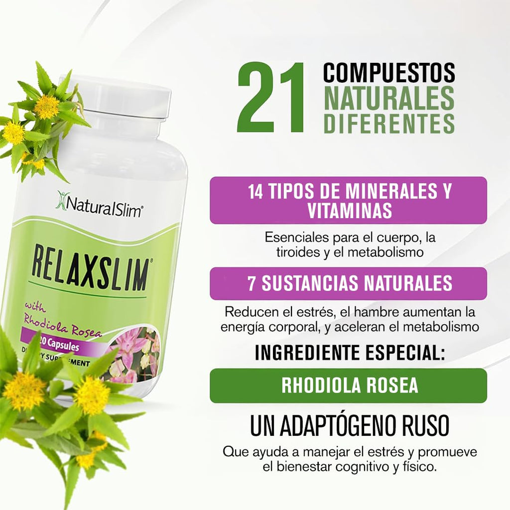 NaturalSlim Relaxslim Rhodiola Rosea & Adaptogenic Herb for Brain, Mood, Metabolism, Tension & Energy Support Supplement - 21 Different Natural Compounds Help Control Appetite - 120 Capsules