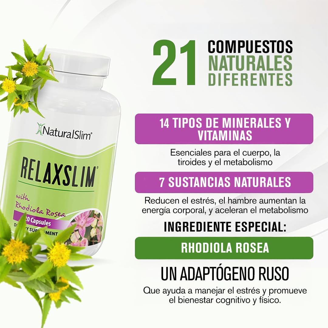 NaturalSlim Relaxslim Rhodiola Rosea & Adaptogenic Herb for Brain, Mood, Metabolism, Tension & Energy Support Supplement - 21 Different Natural Compounds Help Control Appetite - 120 Capsules