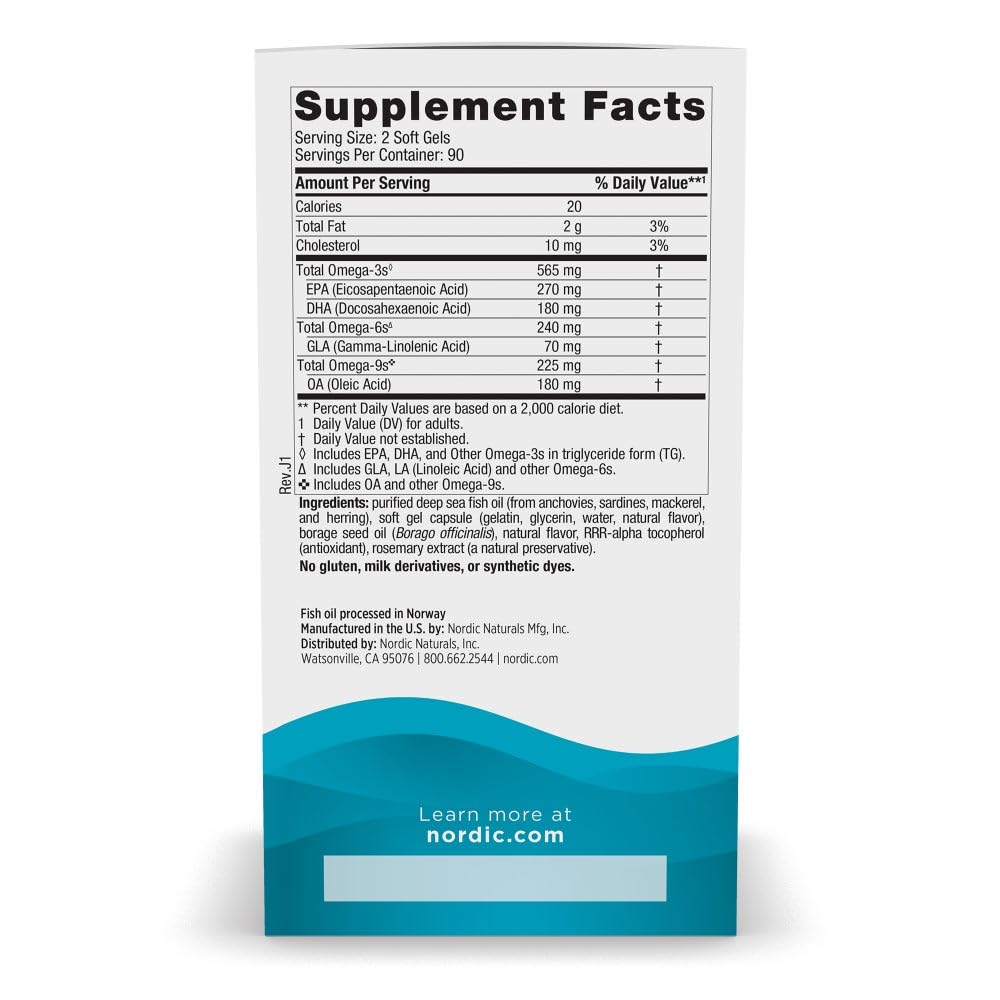 Nordic Naturals Complete Omega, Lemon Flavor - 180 Soft Gels - 565 mg Omega-3 - EPA & DHA with Added GLA - Healthy Skin, Cognition, & Positive Mood - Non-GMO - 90 Servings