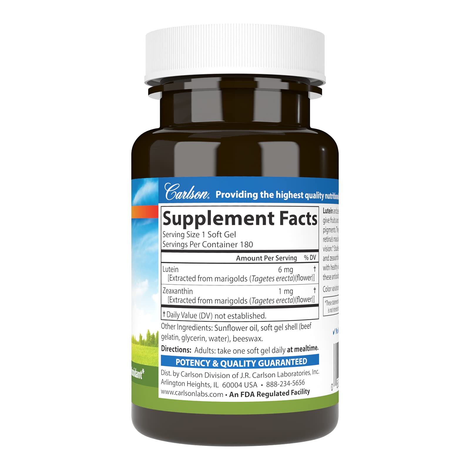 Carlson Lutein, 6 mg, + Zeaxanthin, Made with Lutemax 2020, 180 Softgels