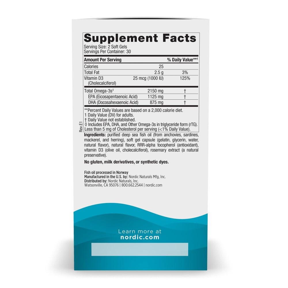 Nordic Naturals Ultimate Omega 2X with Vitamin D3, Lemon Flavor - 60 Soft Gels - 2150 mg Omega-3 + 1000 IU D3 - EPA & DHA - Brain, Heart, & Immune Health - 30 Servings
