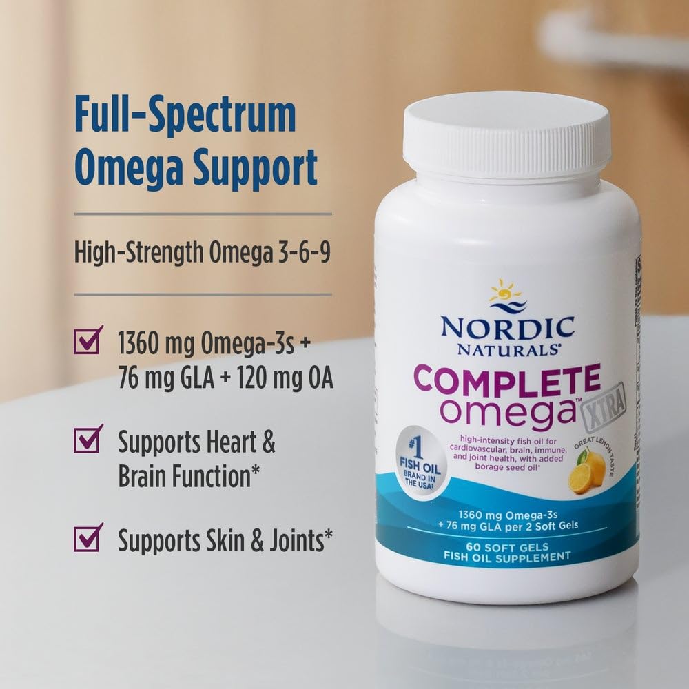 Nordic Naturals Complete Omega Xtra, Lemon - 60 Soft Gels - 1360 mg Omega-3 + 76 mg GLA - Healthy Skin - Cognition - Non-GMO - 30 Servings