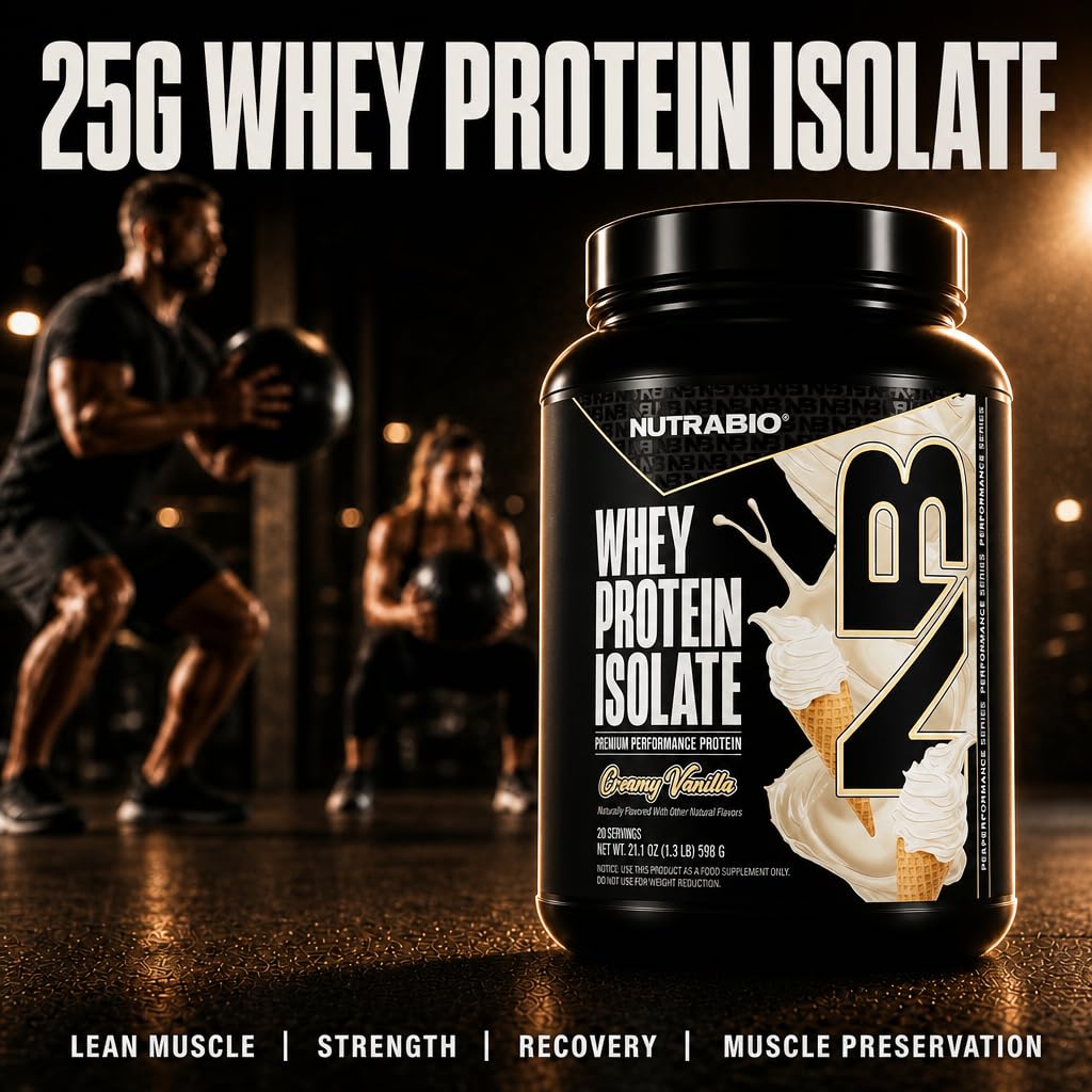 NutraBio 100% Whey Protein Isolate Protein Powder, 25g Protein with Complete Amino Acid Profile, Non-GMO, Soy & Gluten Free, Low Carb, Low Calorie Whey Protein Powder, Creamy Vanilla, 20 Servings