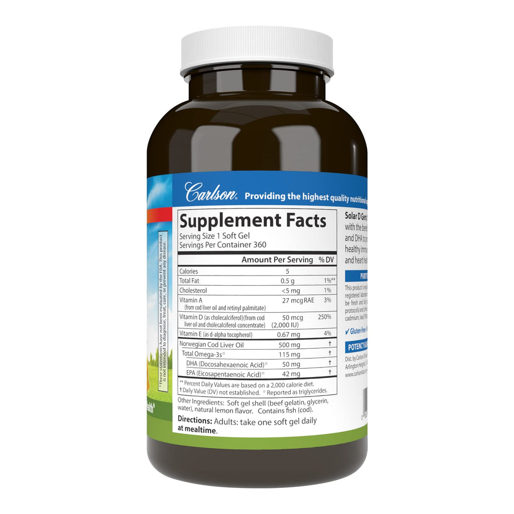 Carlson Solar D Gems, 2000 IU (50 mcg) Vitamin D3, Lemon, 360 Softgels