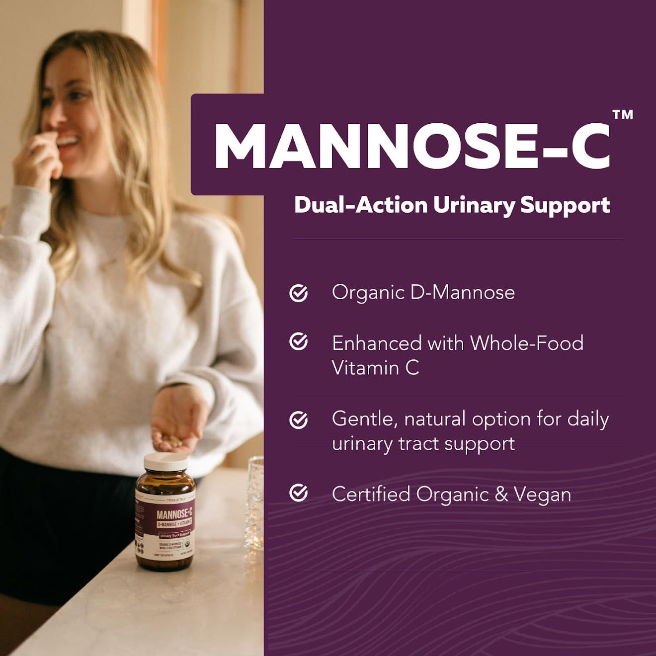 Mannose-C - Organic D-Mannose + Whole Food Vitamin C, Natural UTI Support Supplement to Flush & Cleanse Urinary Tract, Certified Organic Urinary Health for Women, Vegan, Non-GMO (180 Count)