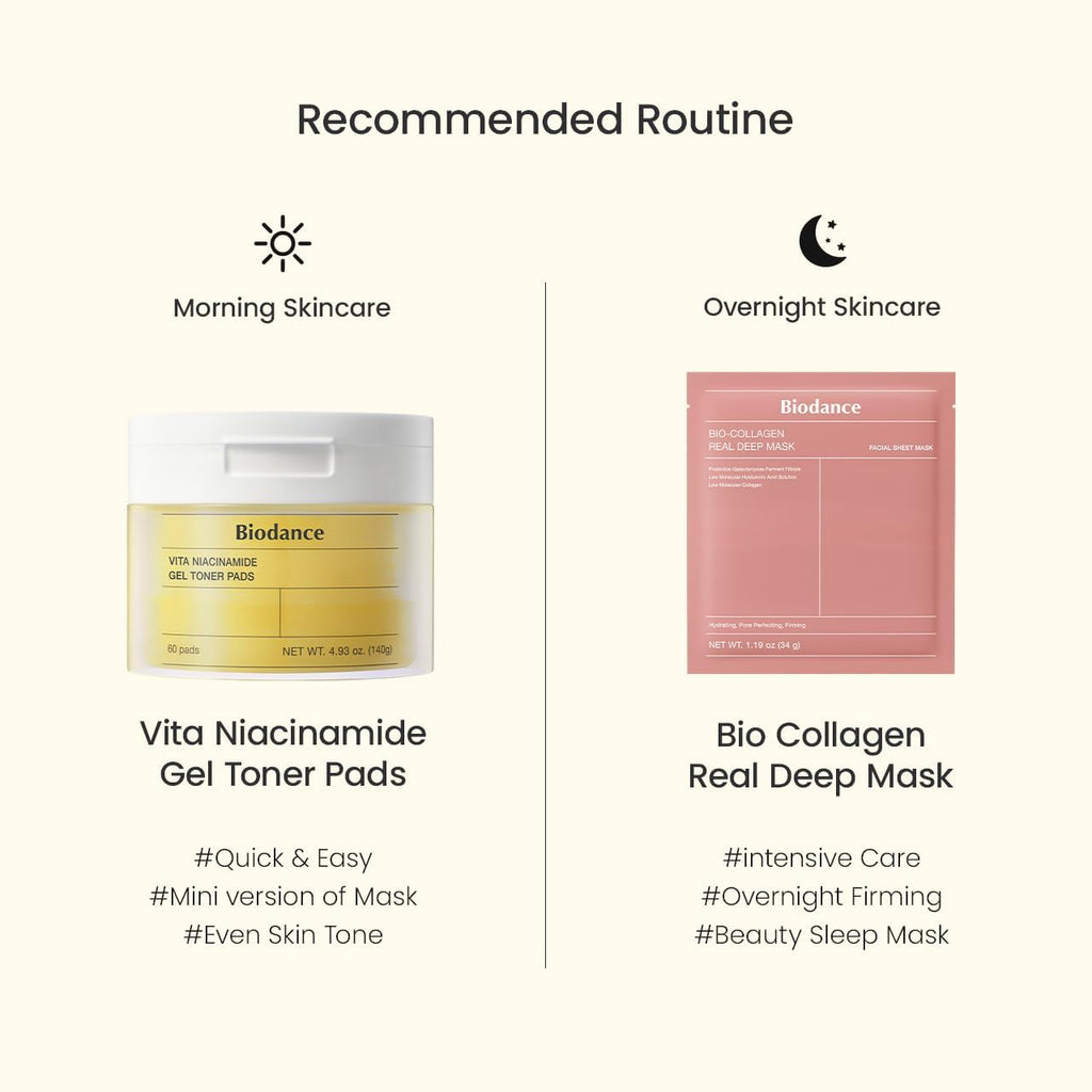 BIODANCE Radiance & Firming Duo: Vita Niacinamide Gel Toner Pads and Bio-Collagen Real Deep Mask for Glass Skin, Brightening, Pore-Minimizing, Korean Skin Care, Skin Care Set
