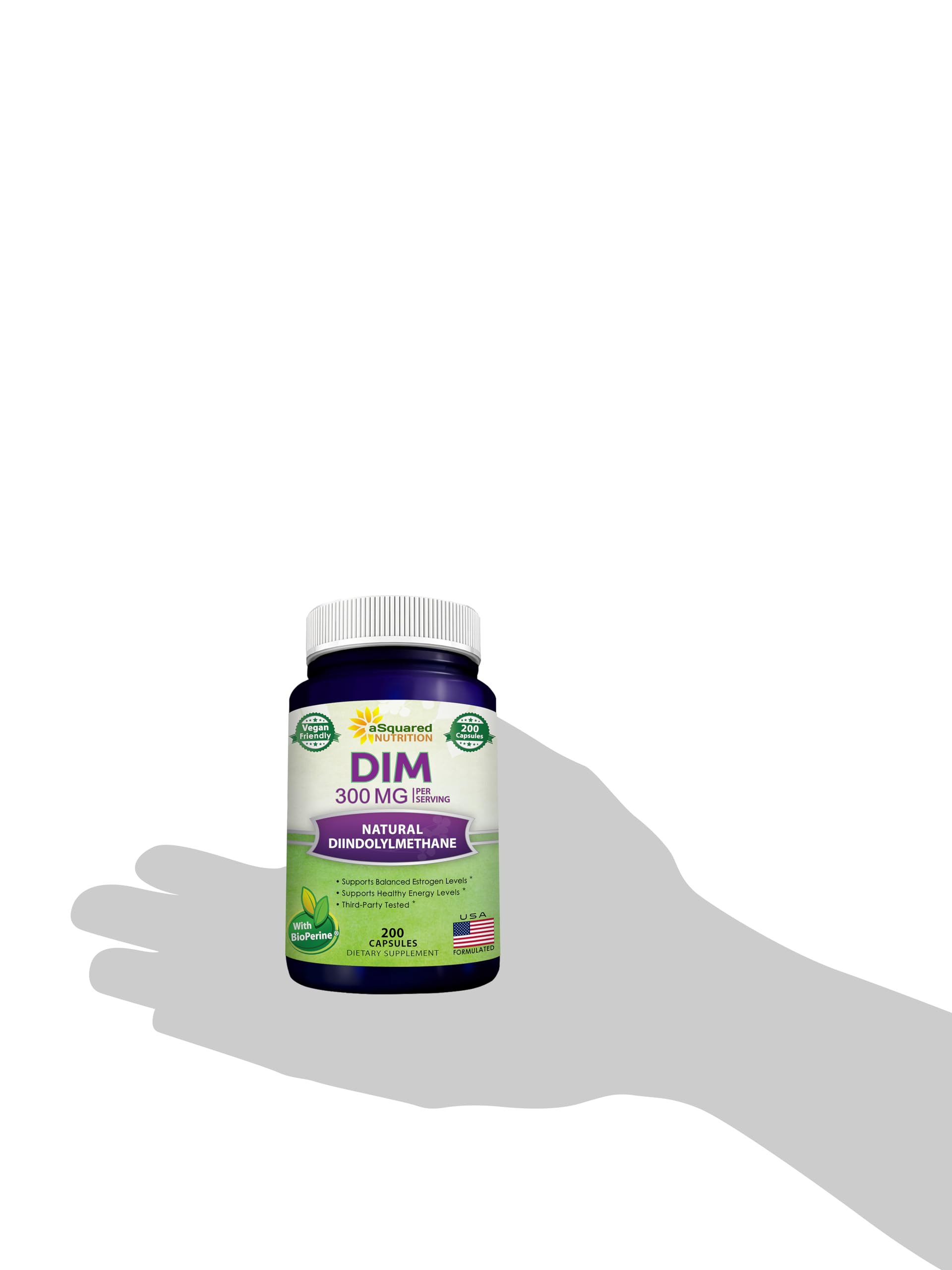 aSquared Nutrition DIM Supplement 300mg Per Serving Plus BioPerine - 200 Veggie Capsules - Diindolylmethane DIM Max Strength Pills to Support Estrogen Metabolism & Balance, Menopause, Hormonal Acne