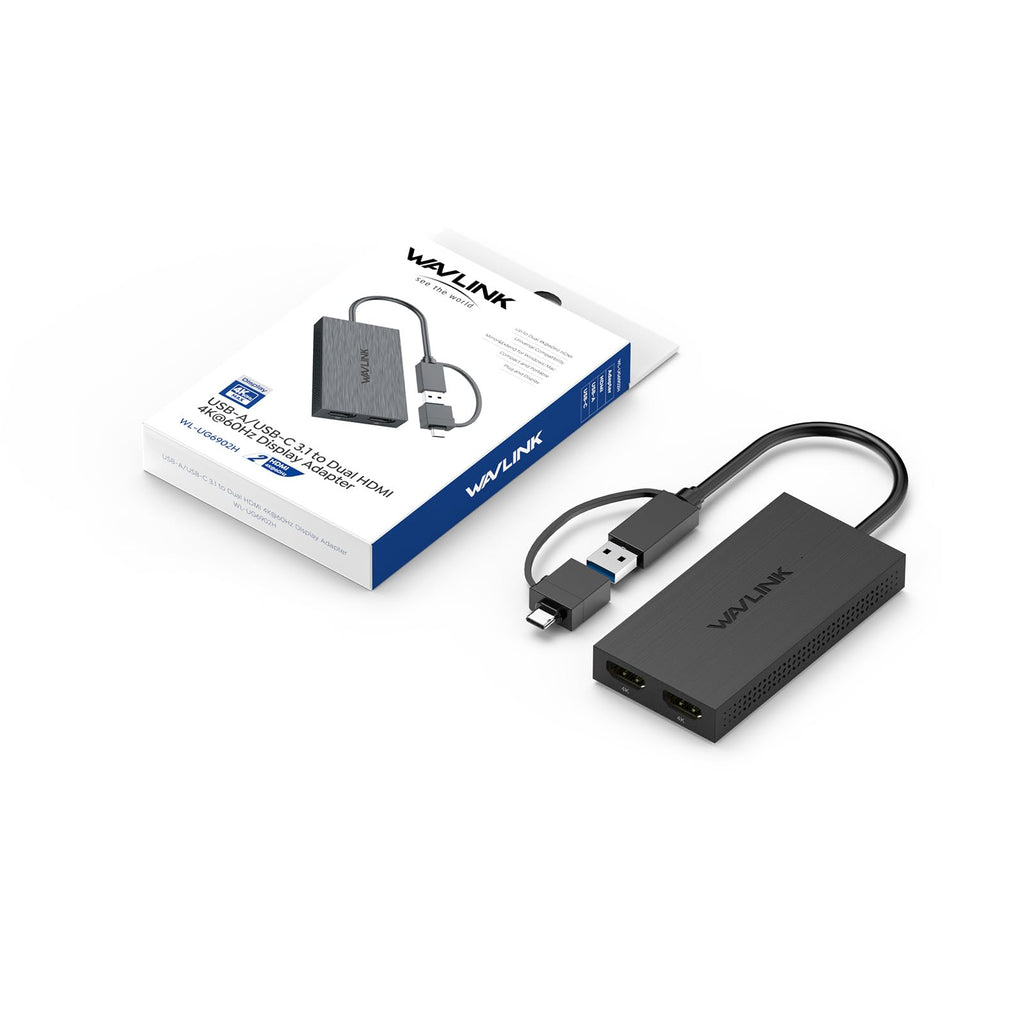 WAVLINK USB 3.0 & USB C to Dual HDMI Adapter 4K@60Hz for Dual Monitor, DisplayLink USB C HDMI Adapter for Apple Mac M1-M5/Macbook Neo, Windows 10/11, ChromeOS (No Linux/iPad/iOS/HDCP), Driver Required