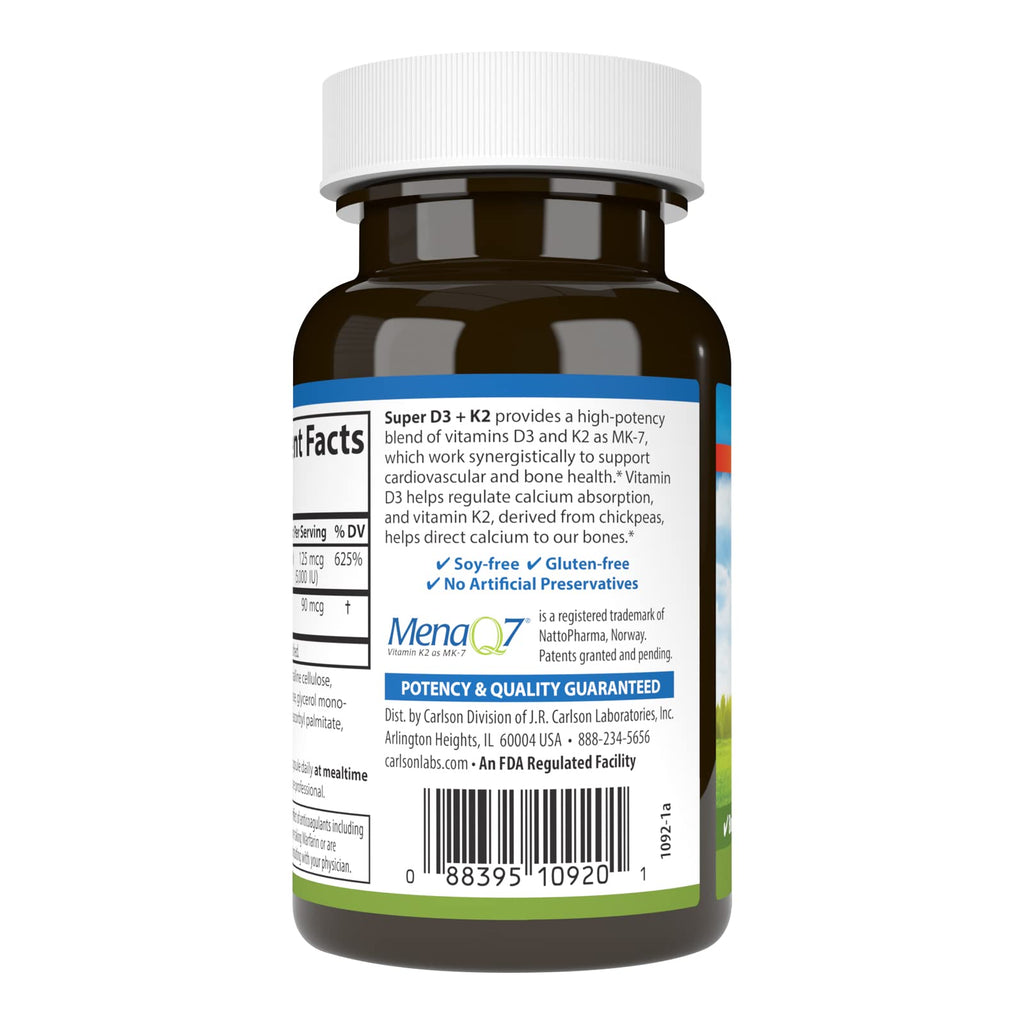 Carlson Super D3 + K2, 125 mcg (5000 IU), 90 Vegetarian Capsules