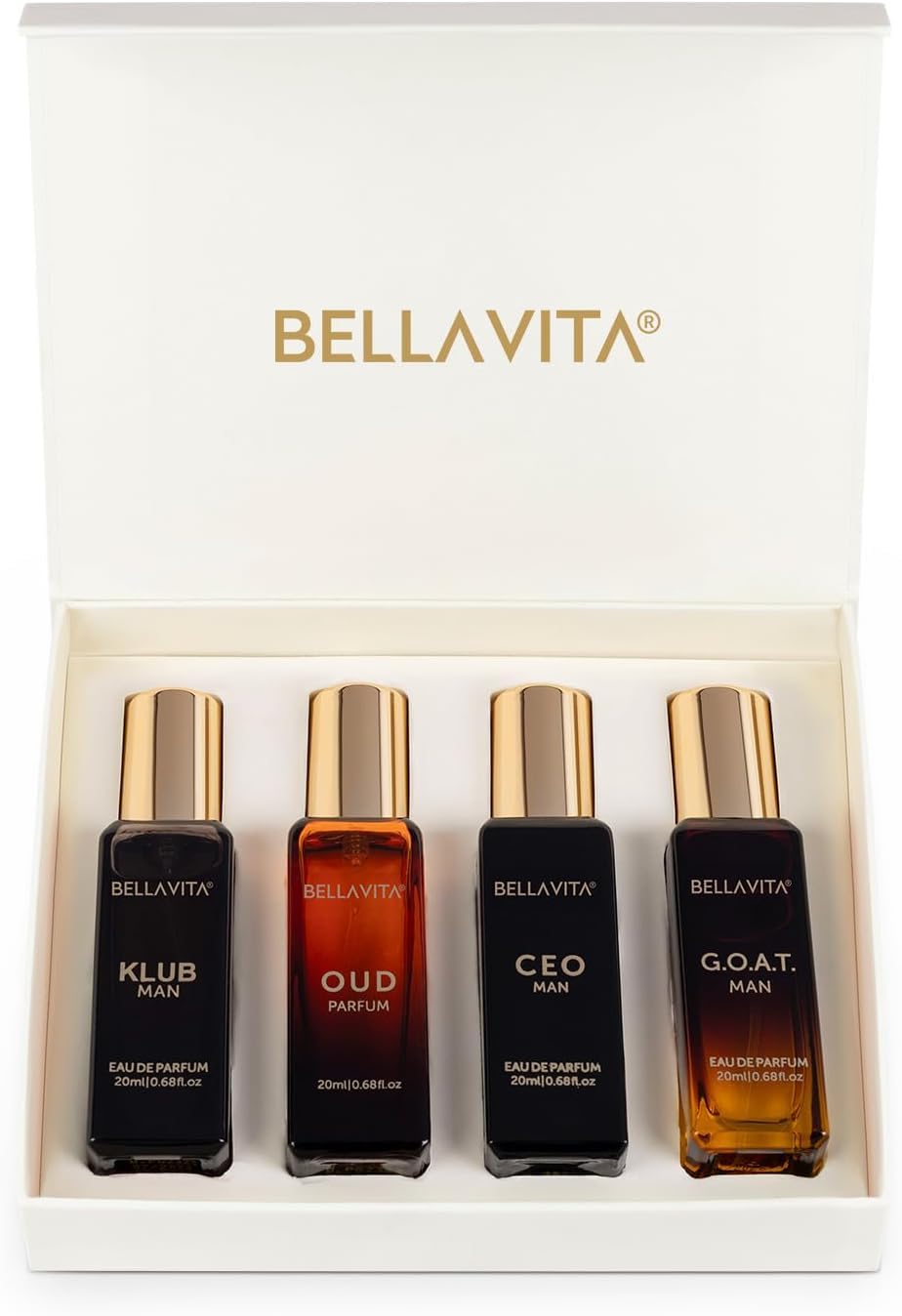 Bella Vita Organic Man Luxury Perfume Gift Set 4x20 ML for Men with Dominus, Oud, CEO, Impact Perfume|Woody, Citrusy Long Lasting EDP & EDC Fragrance Scent |80 ML