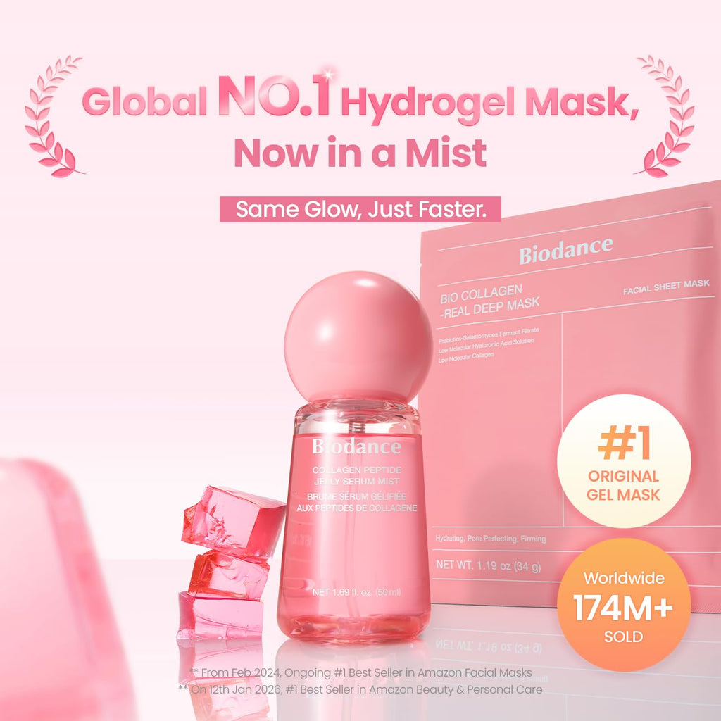 BIODANCE 24/7 Collagen Glow Set: Collagen Peptide Jelly Serum Mist (1.69 fl.oz) & Bio-Collagen Real Deep Mask (4 Sheets), Sprayable Hydrogel & Overnight Hydrating Face Mask for Firming & Plumping