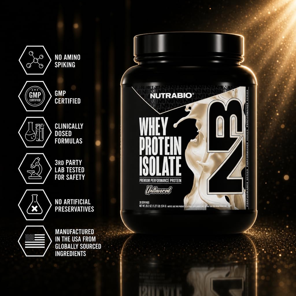 NutraBio 100% Whey Protein Isolate Protein Powder, 25g Protein with Complete Amino Acid Profile, Non-GMO, Soy & Gluten Free, Low Carb, Low Calorie Whey Protein Powder, Raw Unflavored, 20 Servings