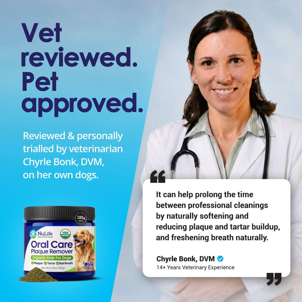 Dog Teeth Cleaning Powder, Dog Plaque and Tartar Remover, Bad Breath Treatment for Dogs with USDA Organic Sea Kelp Powder, Dog Dental Care Made Easy, for All Ages, 6oz