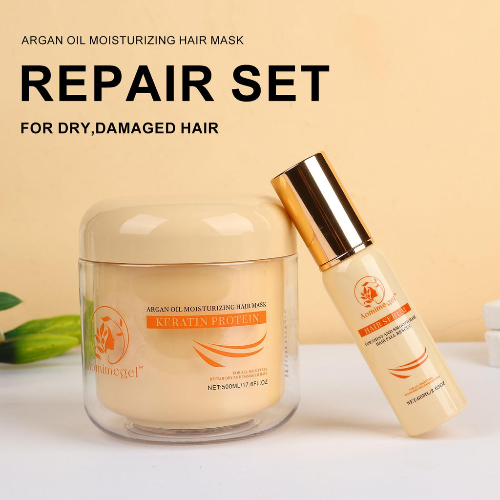 Aomimegel Collagen Repair Hair Mask & Argan Oil Set, 16.9 fl oz + 2 fl oz