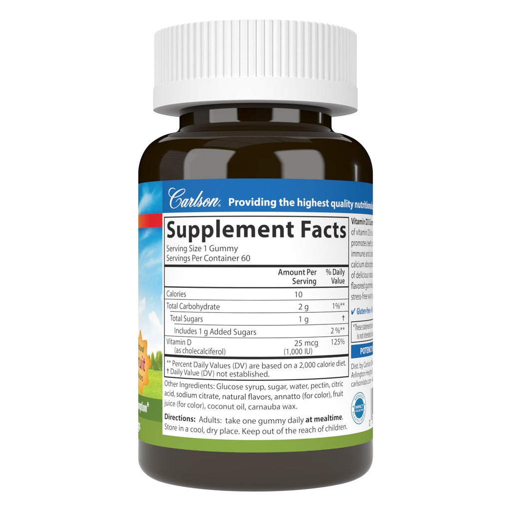 Carlson Vitamin D3 Gummies, 1000 IU (25 mcg), 60 Vegetarian Gummies