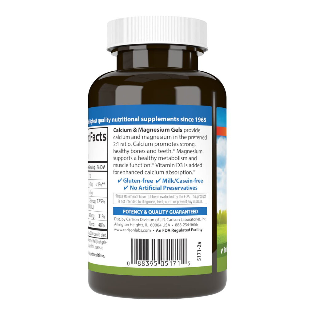 Carlson Calcium & Magnesium Gels, 200 mg Calcium Supplement, 100 Softgels