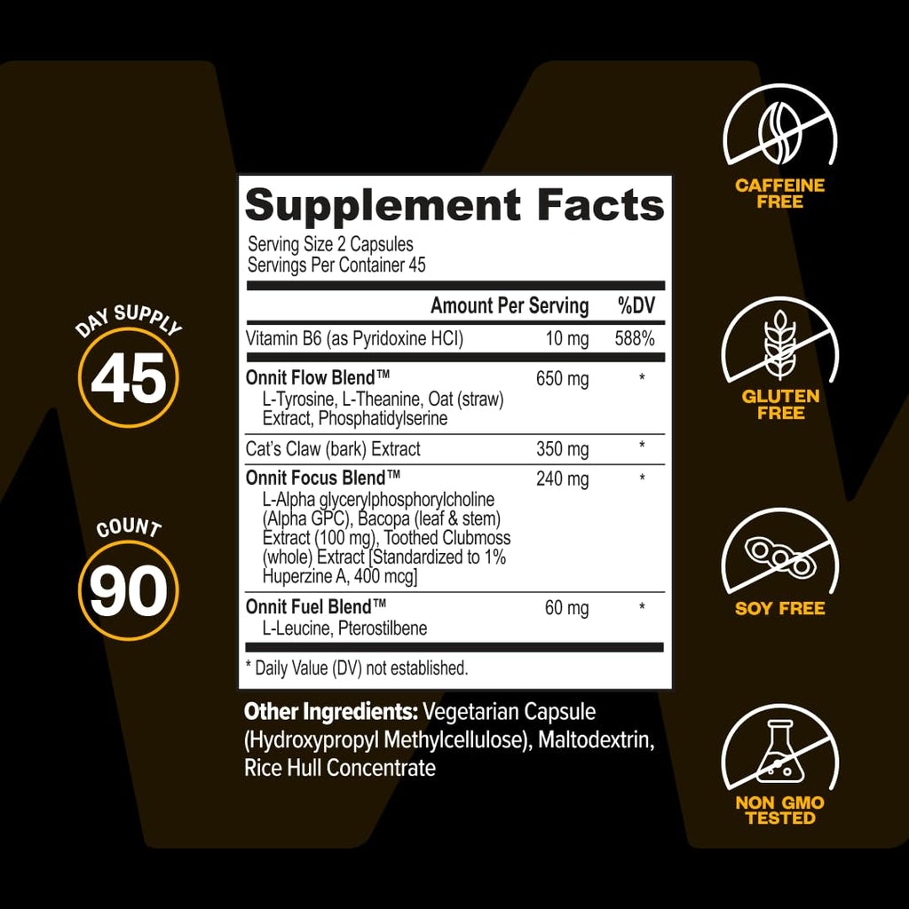 ONNIT Alpha Brain Nootropic Brain Supplement for Focus, Memory, Mental Clarity, Cognitive Support with L-Theanine and Vitamin B6, 90 Count