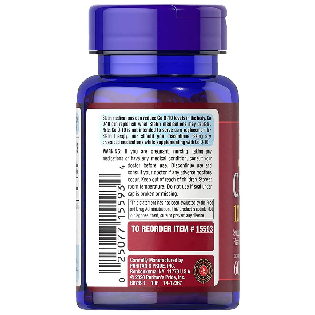Puritan's Pride Coenzyme CoQ10 100mg, Dietary Supplement for Heart Health, Blood Pressure, Oral Gum Health, and Healthy Aging Support, 60 Servings, Rapid Release Softgels