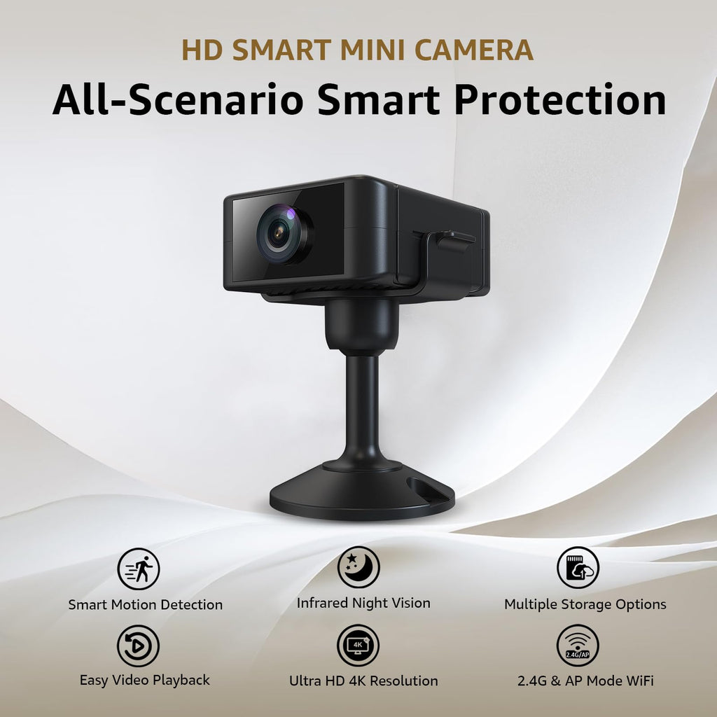 4K Hidden Camera, Wireless Mini Spy Camera with WiFi, Night Vision, Motion Detection Alerts, App Remote View, Rechargeable Battery, SD Card & Cloud Storage, Nanny Cam for Home, Office and Pets, Black