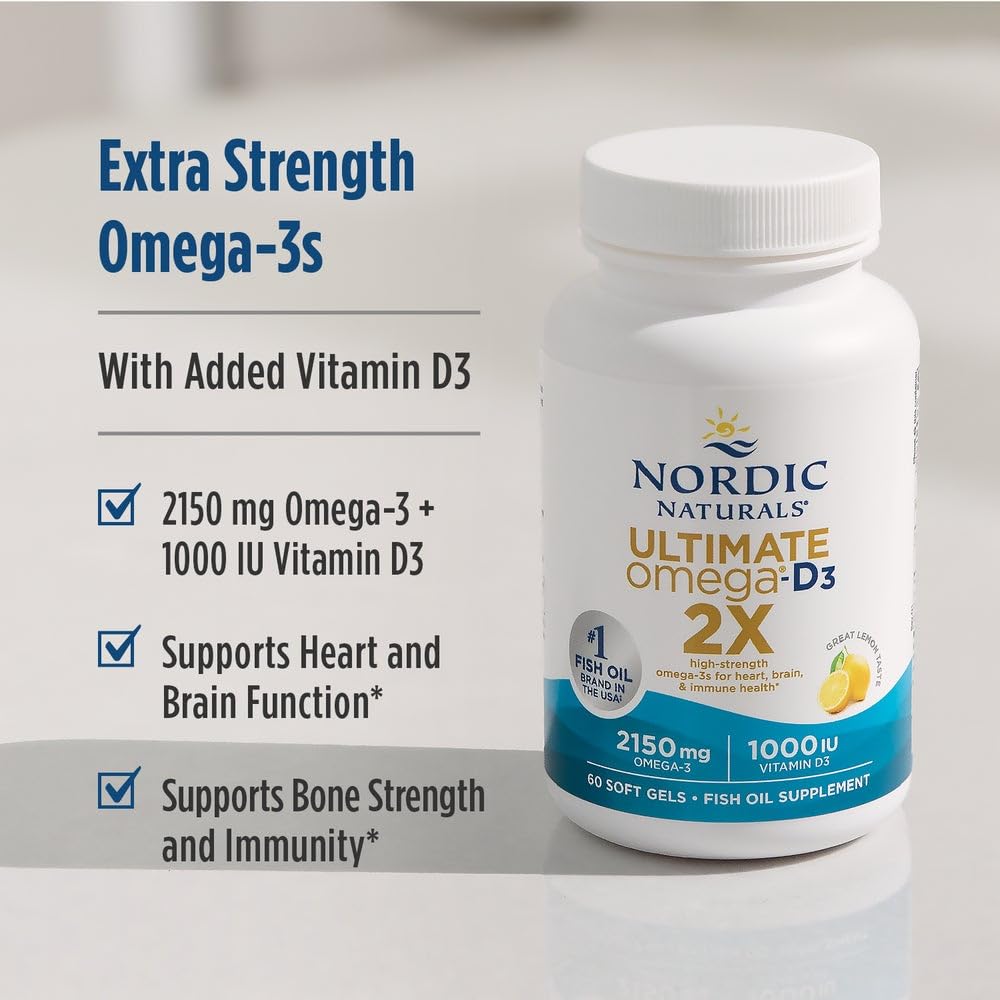 Nordic Naturals Ultimate Omega 2X with Vitamin D3, Lemon Flavor - 60 Soft Gels - 2150 mg Omega-3 + 1000 IU D3 - EPA & DHA - Brain, Heart, & Immune Health - 30 Servings