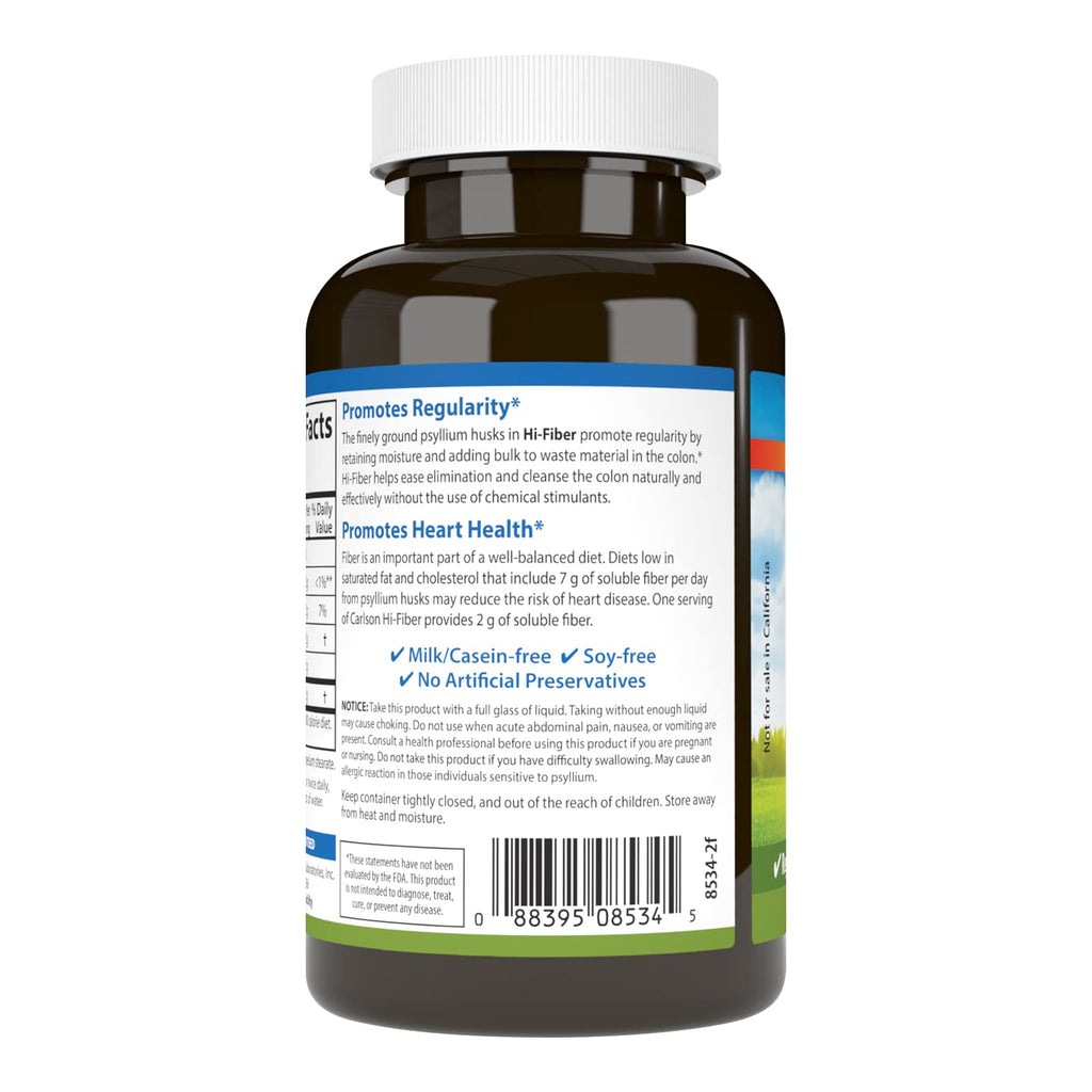 Carlson Hi-Fiber, 3 g, Psyllium Husk Capsules, Regularity, 100 Capsules
