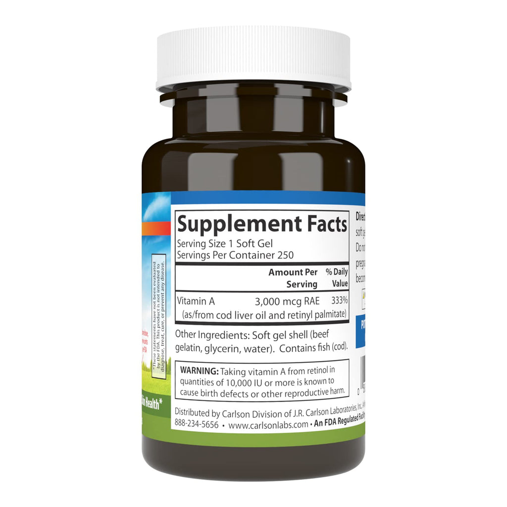 Carlson Vitamin A, 10000 IU (3000 mcg RAE), Vision Health, 250 Softgels