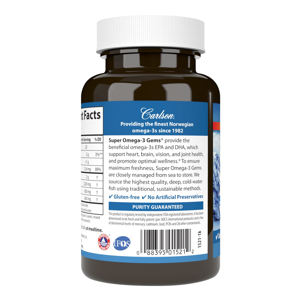 Carlson Super Omega-3 Gems, 1200 mg, Omega-3s, 100 Softgels