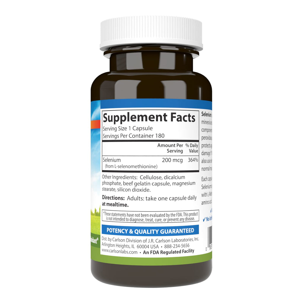 Carlson Selenium, 200 mcg, Yeast-Free, Prostate Health, 180 Capsules