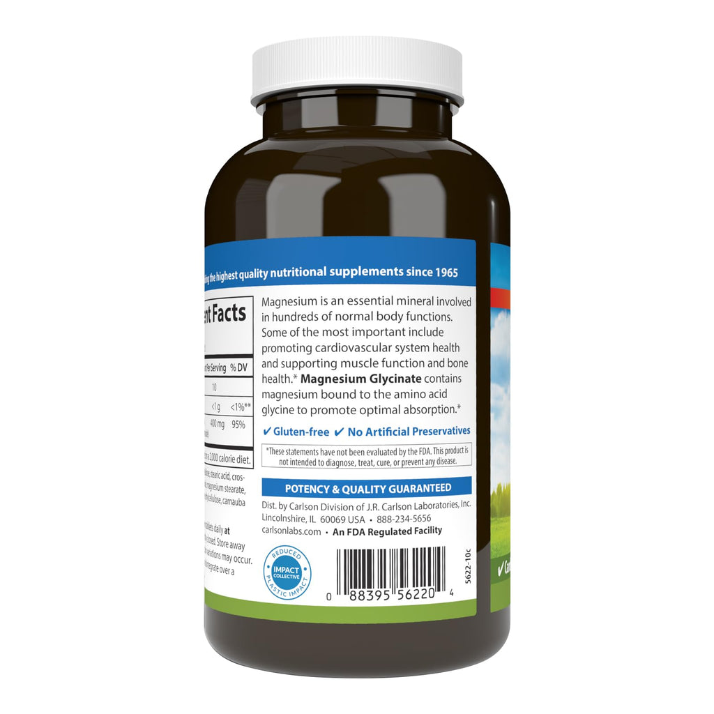 Carlson Chelated Magnesium Glycinate, 400 mg, Muscle Function, 240 Tablets