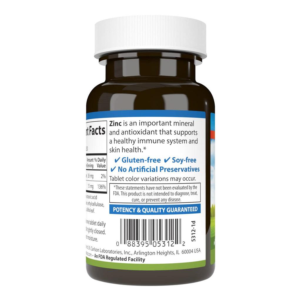 Carlson Zinc, 15 mg, Zinc Supplement, Zinc Gluconate, 250 Tablets