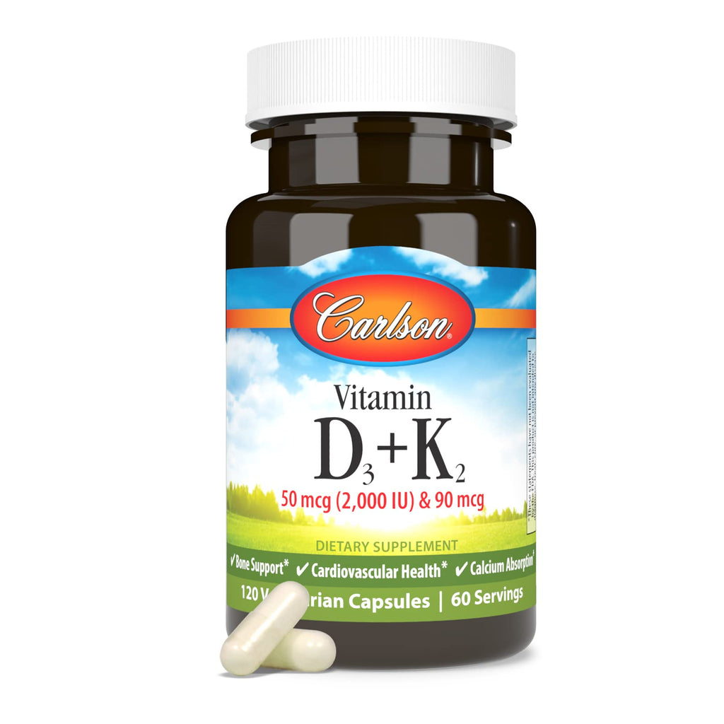 Carlson Vitamin D3 + K2, 50 mcg (2000 IU), Bone Support, 120 Capsules