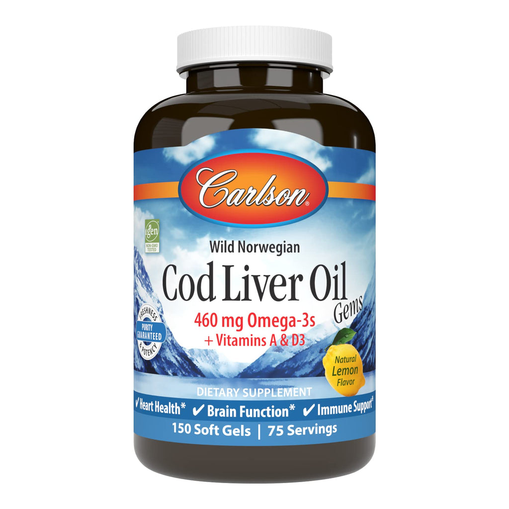 Carlson Cod Liver Oil Gems, 460 mg, Omega-3s, Lemon, 150 Softgels