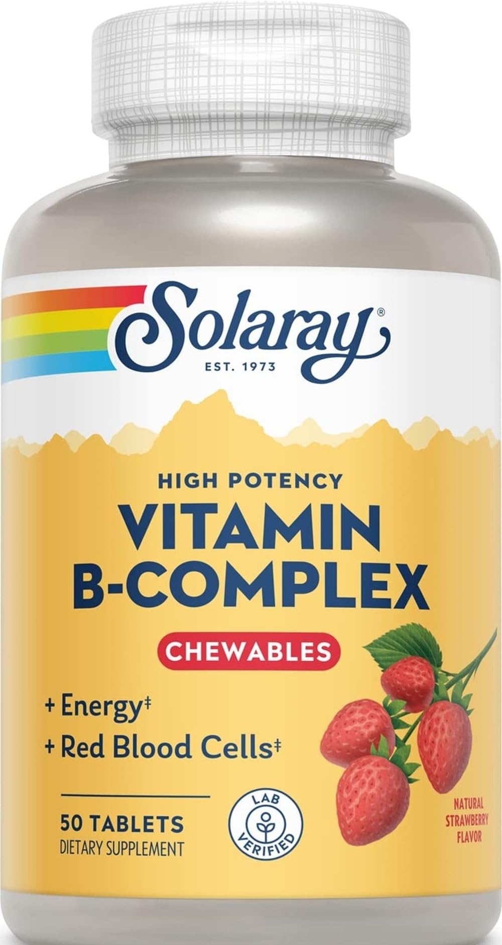 SOLARAY Vitamin B-Complex Chewables, Strawberry, Healthy Energy, Red Blood Cell, Stress & Metabolism Support, 50 Tablets