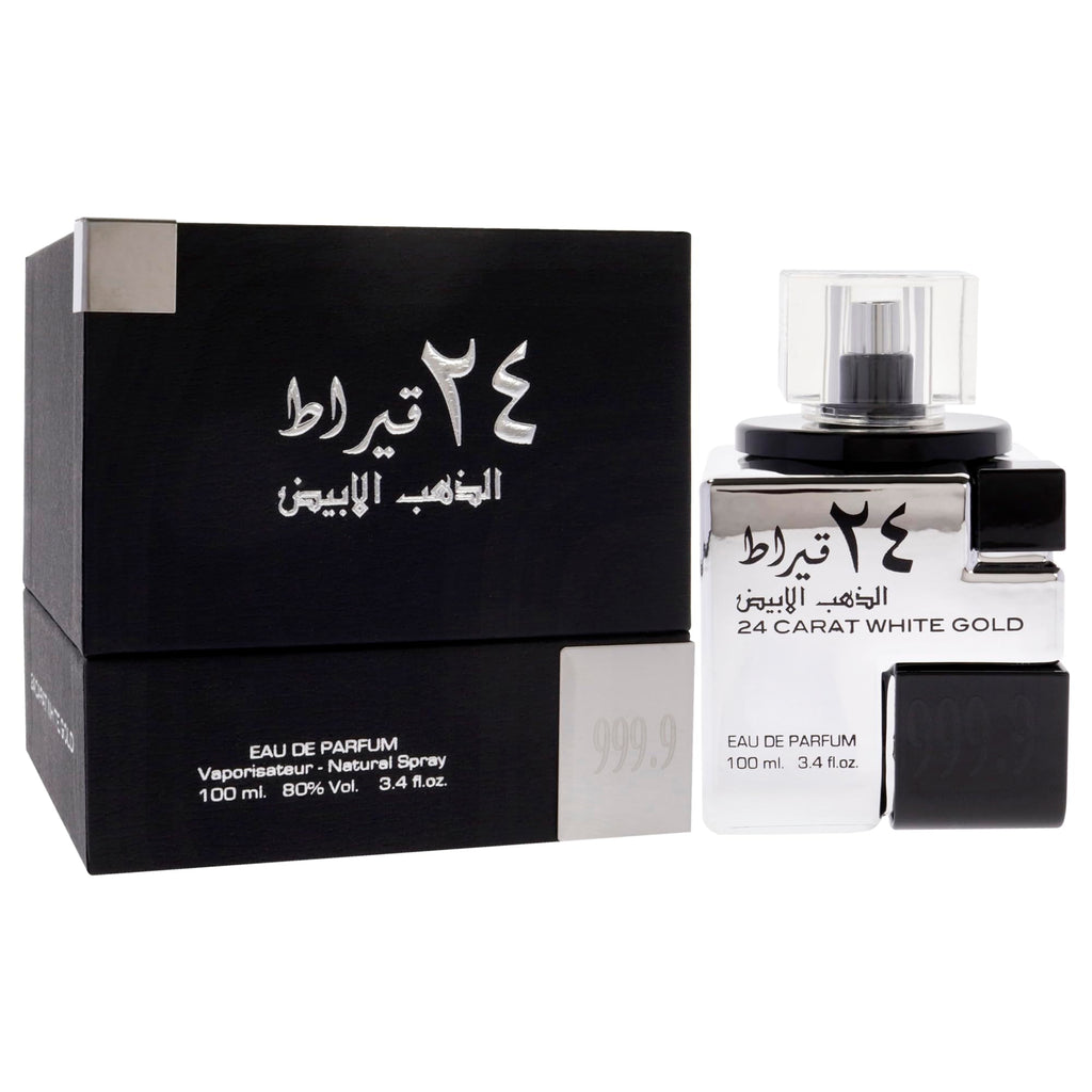 Lattafa 24 Carat White Gold – Fresh, Spicy, Woody – Eau de Parfum Spray Long-Lasting Fragrance for Unisex, 3.4 Ounce / 100 ml