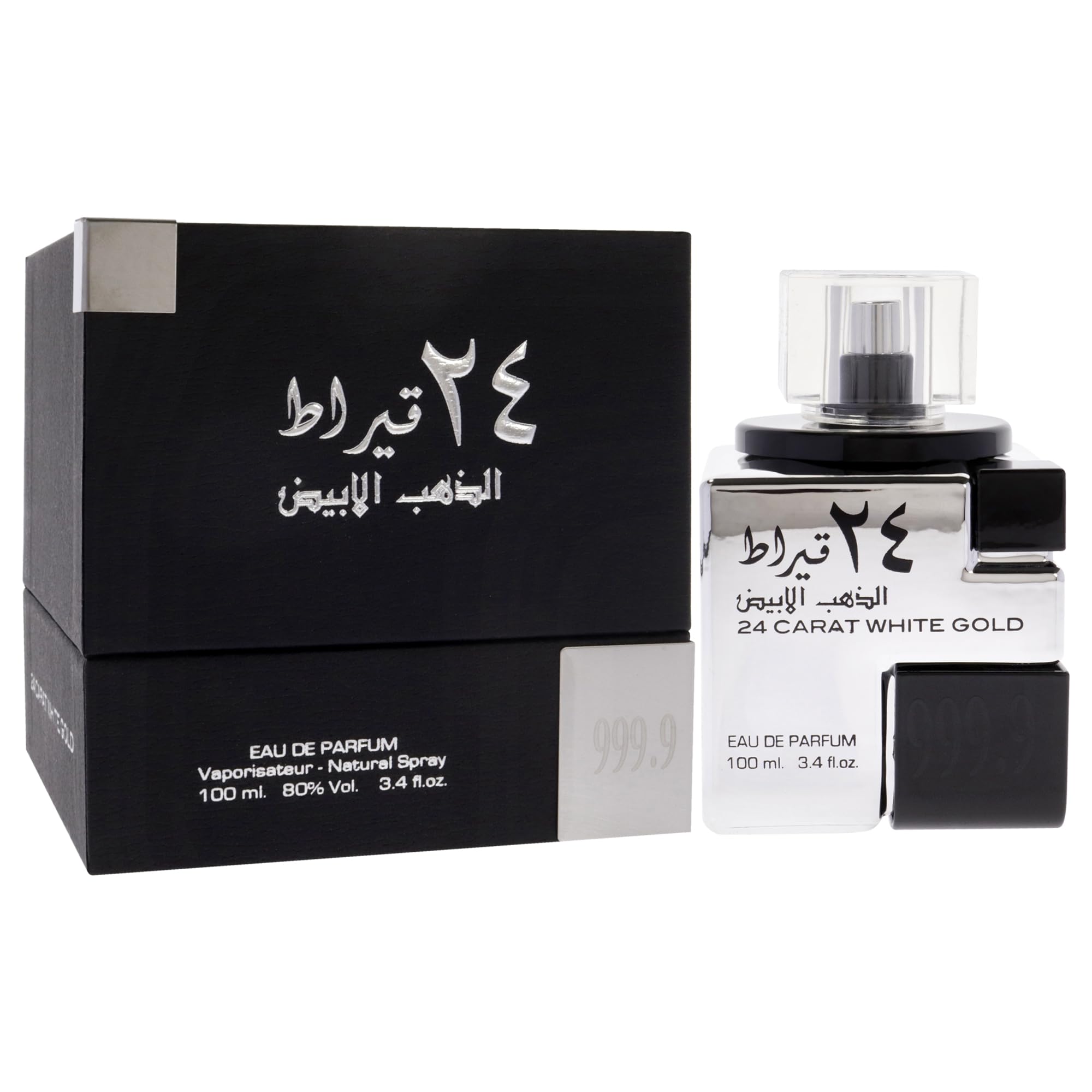 Lattafa 24 Carat White Gold – Fresh, Spicy, Woody – Eau de Parfum Spray Long-Lasting Fragrance for Unisex, 3.4 Ounce / 100 ml