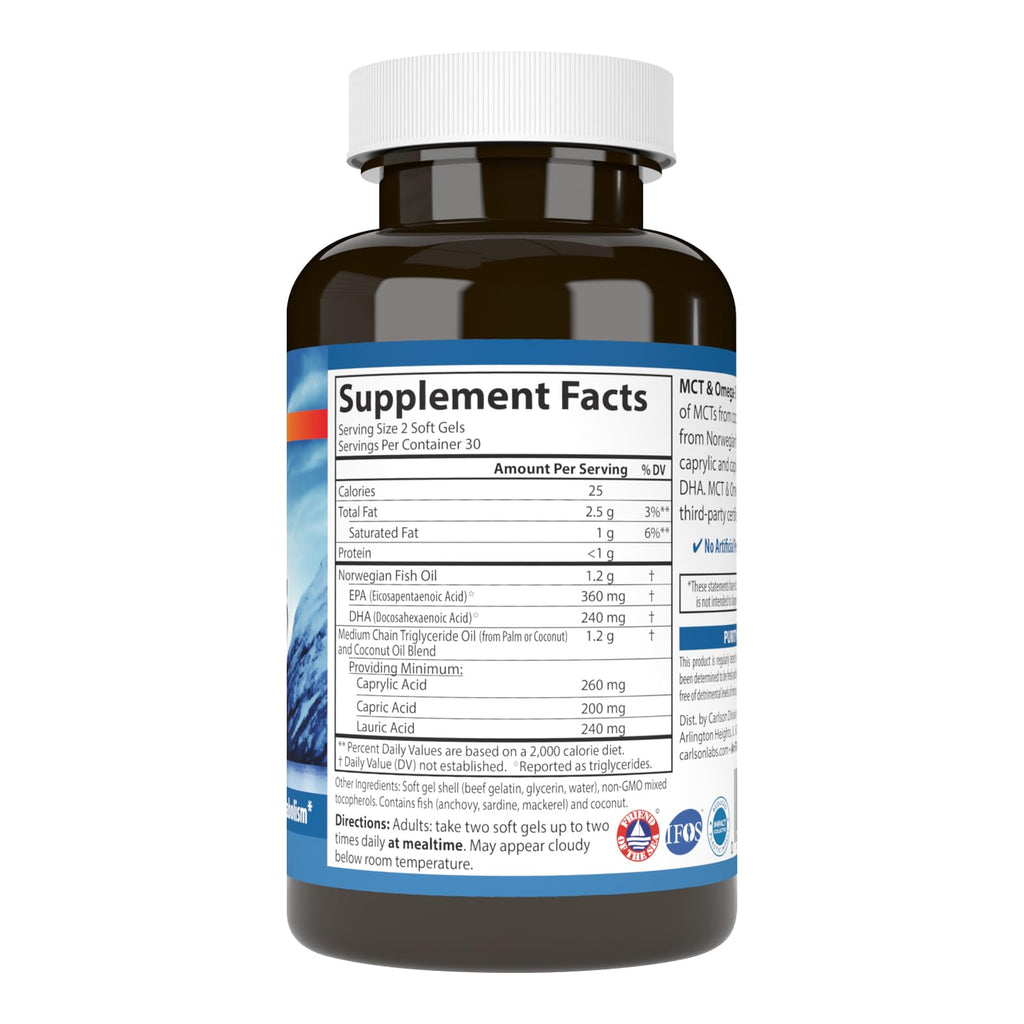 Carlson MCT & Omega-3, Keto-Friendly, Coconut Oil, 60 Softgels