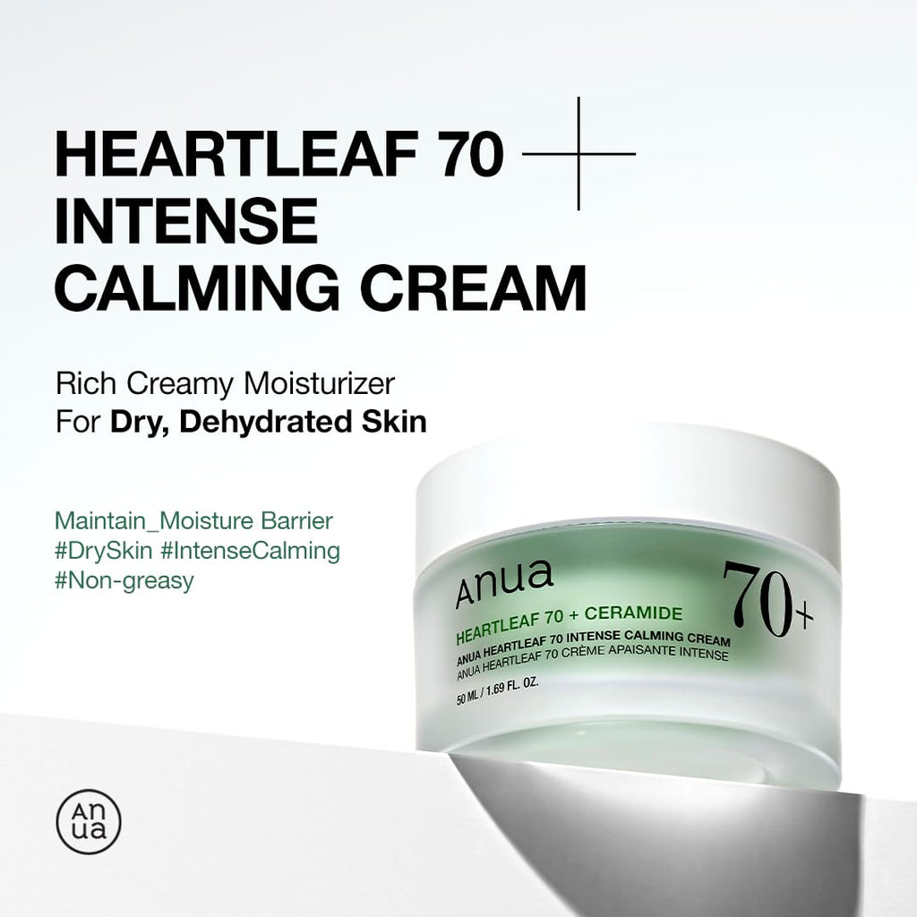 Anua Heartleaf 70 Intense Calming Cream with Ceramide & Panthenol, Face Moisturizer for Dry Skin, Barrier Repair, Glass Skin Hydration, Fragrance-free, Paraben-free, Korean skin care, 1.69 fl.oz