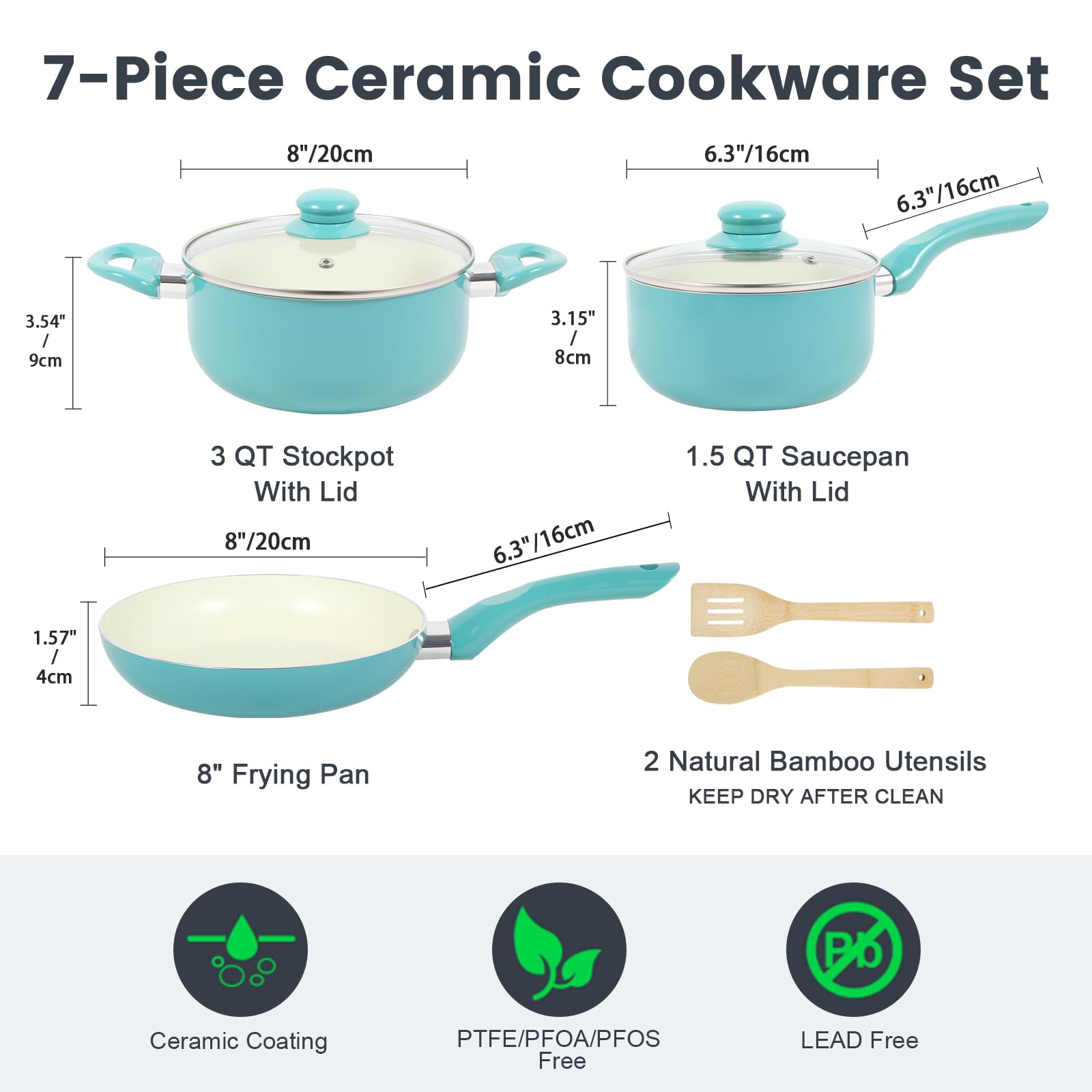 M MELENTA Pots and Pans Set 7 piece, Non Stick Teal Ceramic Cookware Set